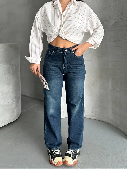Palazzo Bıyık Enzim Yıkama Jeans Pantolon Koyu Mavi D2008
