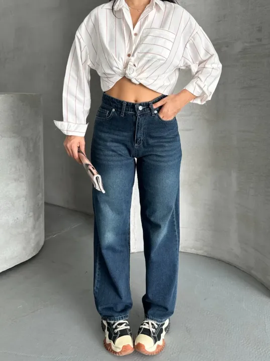 Palazzo Bıyık Enzim Yıkama Jeans Pantolon Koyu Mavi D2008