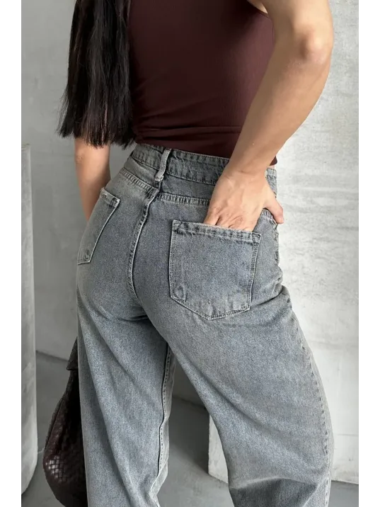 Palazzo Bıyık Kar Yıkama Buz Mavi Jeans Pantolon D2008