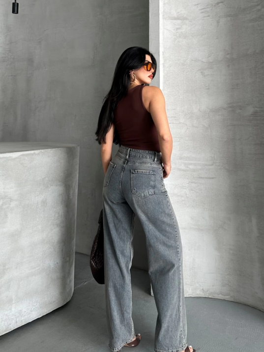 Palazzo bıyık kar yıkama buz mavi jeans pantolon d2008 Palazzo bıyık kar yıkama buz mavi jeans pantolon d2008