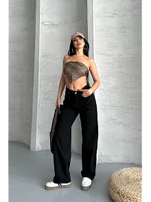 Palazzo Straight Enzim Süper Taş Yıkama Jeans Pantolon Siyah D2008