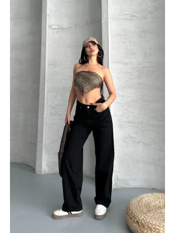 Palazzo Straight Enzim Süper Taş Yıkama Jeans Pantolon Siyah D2008