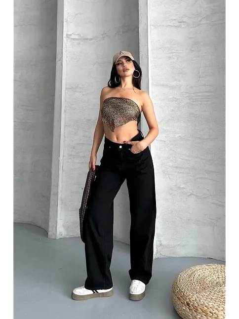Palazzo Straight Enzim Süper Taş Yıkama Jeans Pantolon Siyah D2008