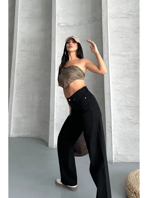 Palazzo Straight Enzim Süper Taş Yıkama Jeans Pantolon Siyah D2008