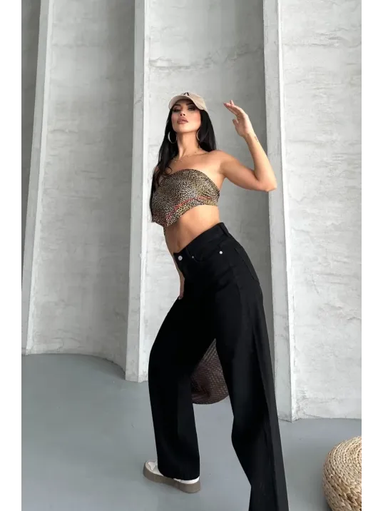 Palazzo Straight Enzim Süper Taş Yıkama Jeans Pantolon Siyah D2008