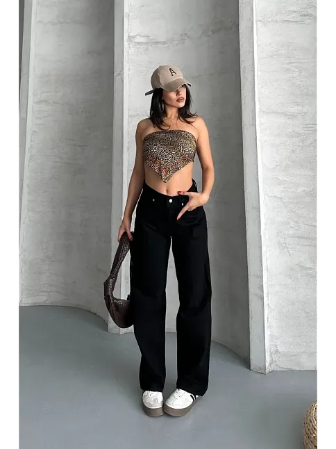 Palazzo Straight Enzim Süper Taş Yıkama Jeans Pantolon Siyah D2008