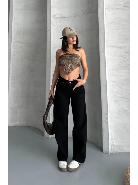 Palazzo Straight Enzim Süper Taş Yıkama Jeans Pantolon Siyah D2008