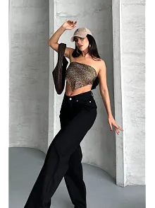 Palazzo Straight Enzim Süper Taş Yıkama Jeans Pantolon Siyah D2008