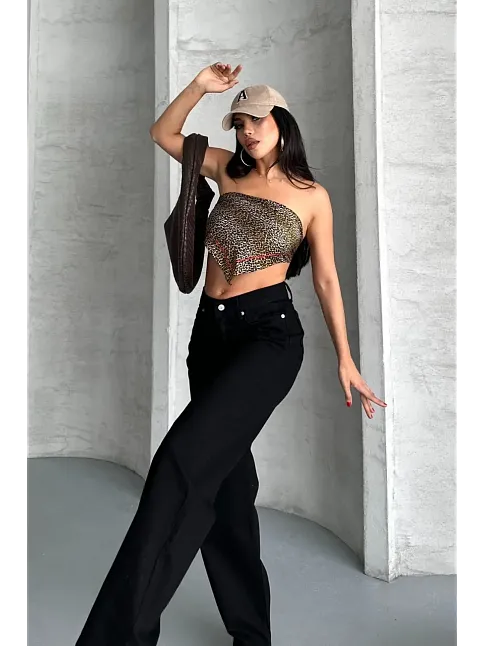 Palazzo Straight Enzim Süper Taş Yıkama Jeans Pantolon Siyah D2008