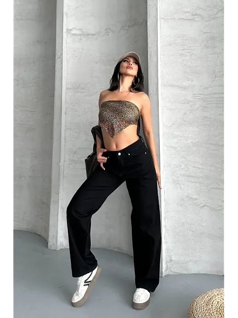 Palazzo Straight Enzim Süper Taş Yıkama Jeans Pantolon Siyah D2008