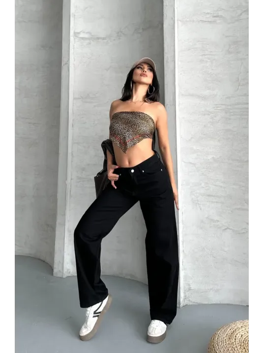 Palazzo Straight Enzim Süper Taş Yıkama Jeans Pantolon Siyah D2008