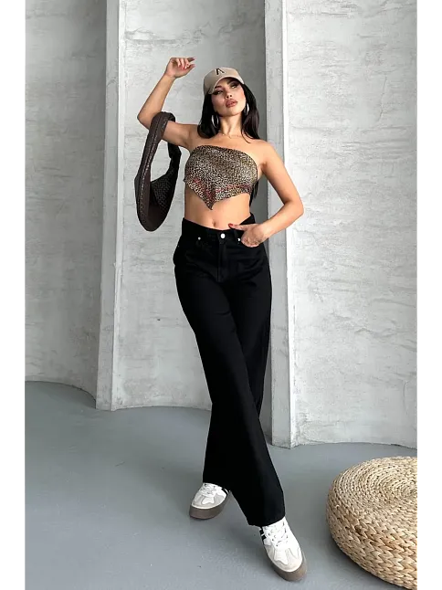 Palazzo Straight Enzim Süper Taş Yıkama Jeans Pantolon Siyah D2008