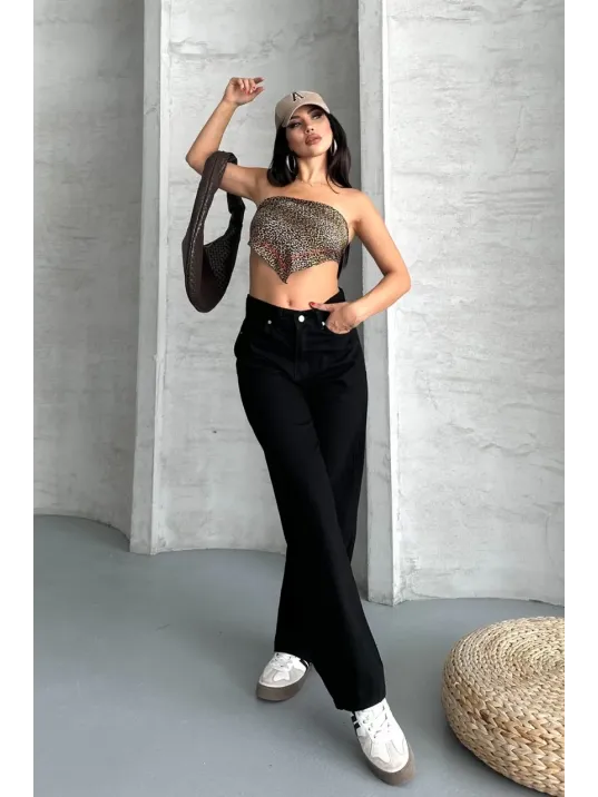 Palazzo Straight Enzim Süper Taş Yıkama Jeans Pantolon Siyah D2008