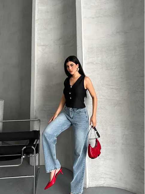 Palazzo Straight Kar Yıkama Jeans Pantolon Mavi D2008
