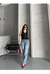 Palazzo Straight Kar Yıkama Jeans Pantolon Mavi D2008