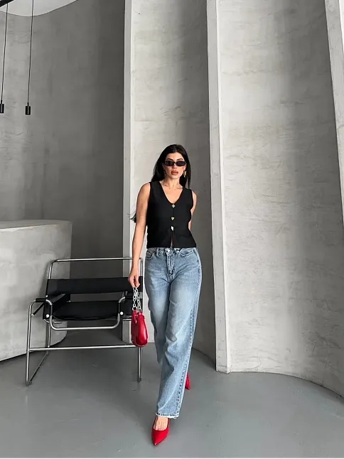 Palazzo Straight Kar Yıkama Jeans Pantolon Mavi D2008