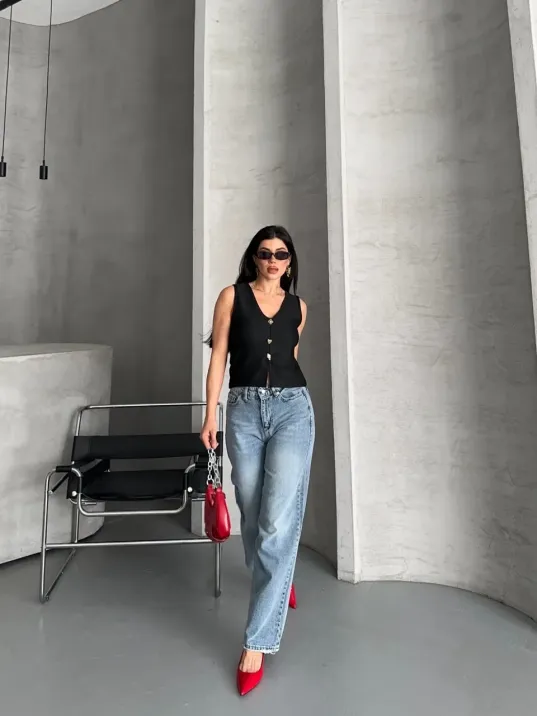 Palazzo Straight Kar Yıkama Jeans Pantolon Mavi D2008