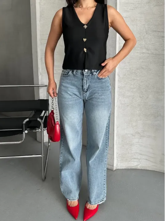 Palazzo Straight Kar Yıkama Jeans Pantolon Mavi D2008