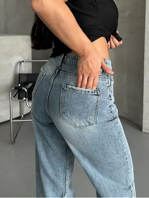 Palazzo Straight Kar Yıkama Jeans Pantolon Mavi D2008