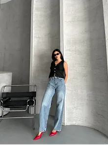Palazzo Straight Kar Yıkama Jeans Pantolon Mavi D2008