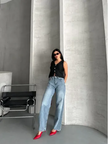 Palazzo Straight Kar Yıkama Jeans Pantolon Mavi D2008