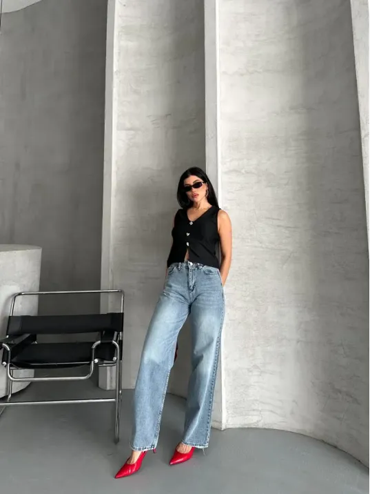 Palazzo Straight Kar Yıkama Jeans Pantolon Mavi D2008