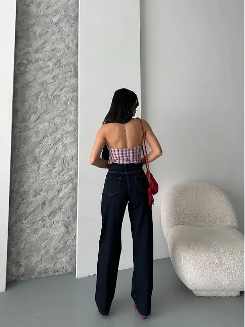 Palazzo Süper Taş Enzim Tint Yıkama Koyu Lacivert Jeans Pantolon D2008
