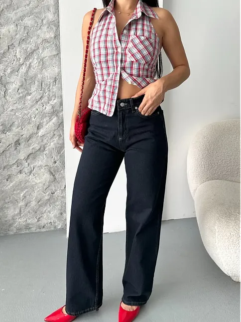 Palazzo Süper Taş Enzim Tint Yıkama Koyu Lacivert Jeans Pantolon D2008