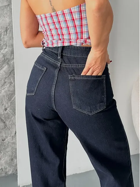 Palazzo Süper Taş Enzim Tint Yıkama Koyu Lacivert Jeans Pantolon D2008