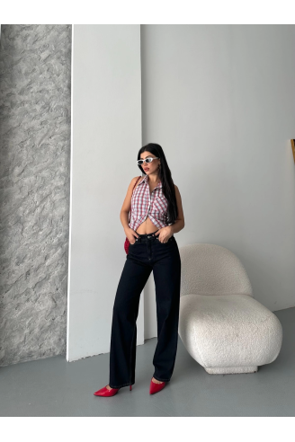 Palazzo süper taş enzim tint yıkama koyu lacivert jeans pantolon d2008