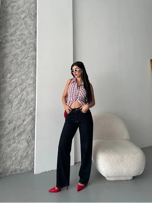 Palazzo Süper Taş Enzim Tint Yıkama Koyu Lacivert Jeans Pantolon D2008