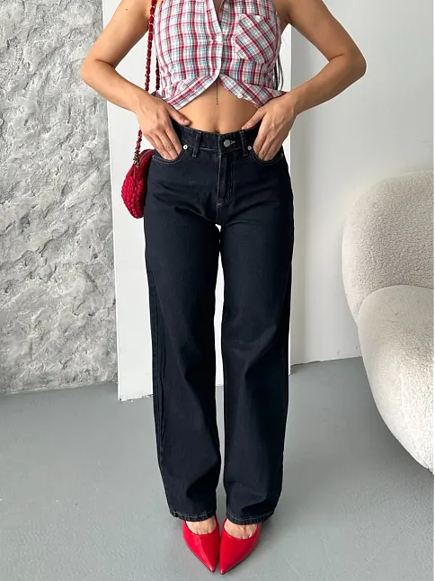 Palazzo Süper Taş Enzim Tint Yıkama Koyu Lacivert Jeans Pantolon D2008