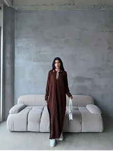 Pantolon Yırtmaçlı Elbise İkili Triko Takım Kahve Elf