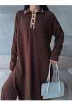 Pantolon Yırtmaçlı Elbise İkili Triko Takım Kahve Elf