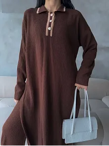 Pantolon Yırtmaçlı Elbise İkili Triko Takım Kahve Elf