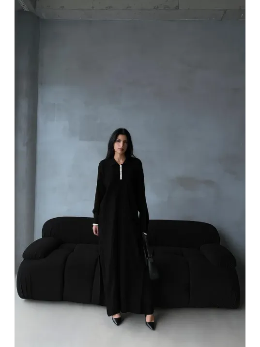 Pantolon Yırtmaçlı Elbise İkili Triko Takım Siyah Elf