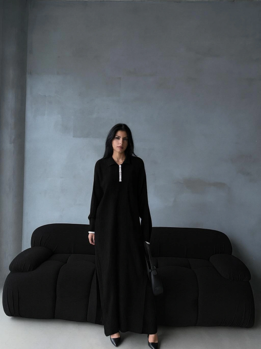 Pantolon yırtmaçlı elbise ikili triko takım siyah elf