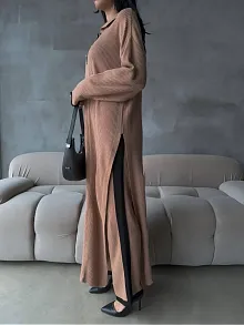 Pantolon Yırtmaçlı Elbise İkili Triko Takım Vizon Elf