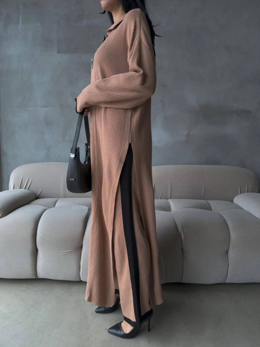 Pantolon yırtmaçlı elbise ikili triko takım vizon elf Pantolon yırtmaçlı elbise ikili triko takım vizon elf