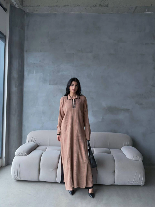 Pantolon yırtmaçlı elbise ikili triko takım vizon elf Pantolon yırtmaçlı elbise ikili triko takım vizon elf