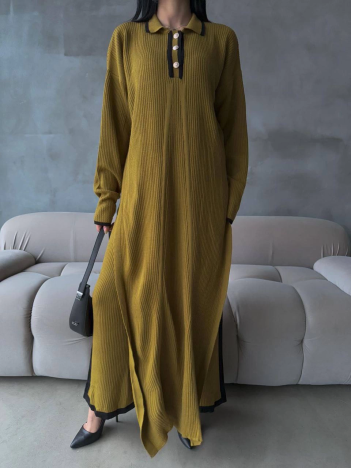 Pantolon yırtmaçlı elbise ikili triko takım yeşil elf