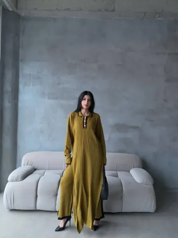 Pantolon Yırtmaçlı Elbise İkili Triko Takım Yeşil Elf