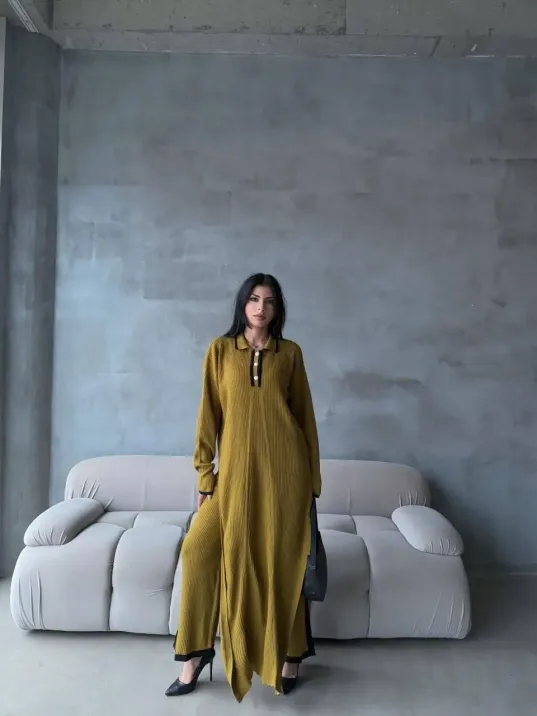 Pantolon Yırtmaçlı Elbise İkili Triko Takım Yeşil Elf