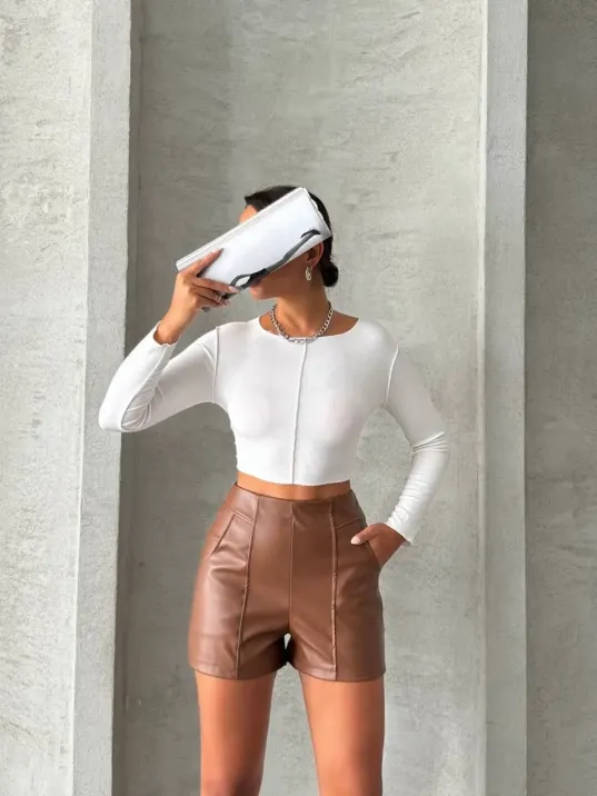 Parçalı Cepli Deri Şort Taba W26312