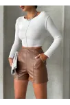 Parçalı Cepli Deri Şort Taba W26312