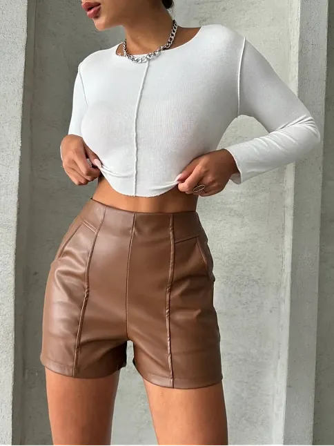Parçalı Cepli Deri Şort Taba W26312