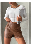 Parçalı Cepli Deri Şort Taba W26312 Parçalı Cepli Deri Şort Taba W26312