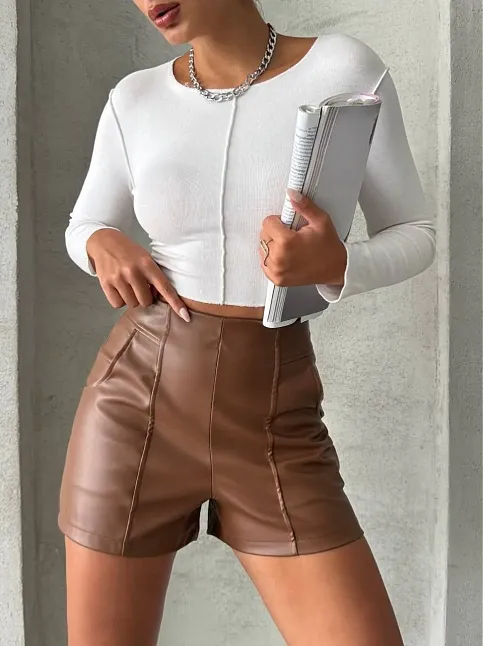 Parçalı Cepli Deri Şort Taba W26312
