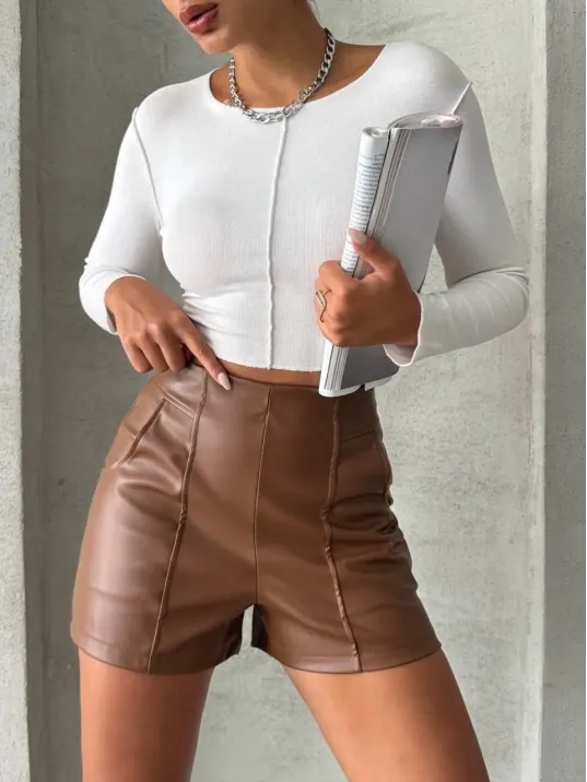 Parçalı Cepli Deri Şort Taba W26312