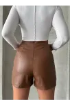 Parçalı Cepli Deri Şort Taba W26312